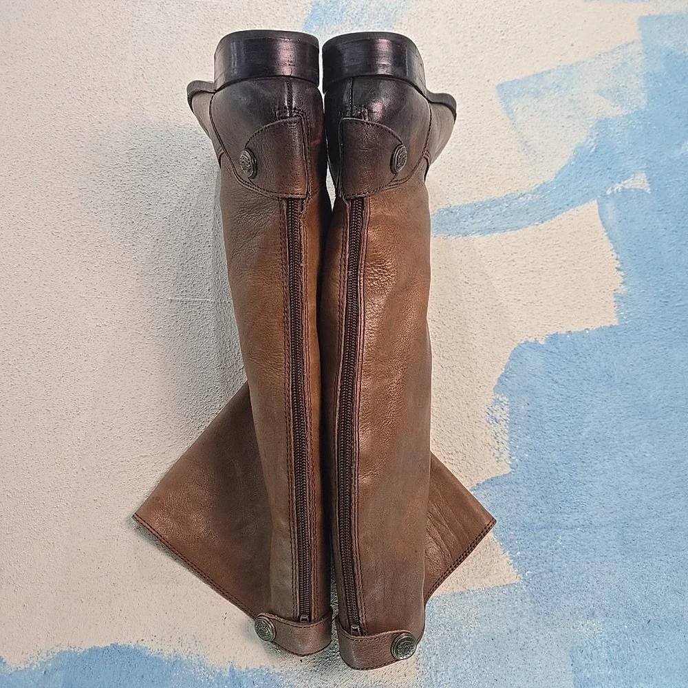 ARTURO CHIANG Women's Size 6 Brown Leather Tall Riding Boots Brass‎ Buttons GUC
